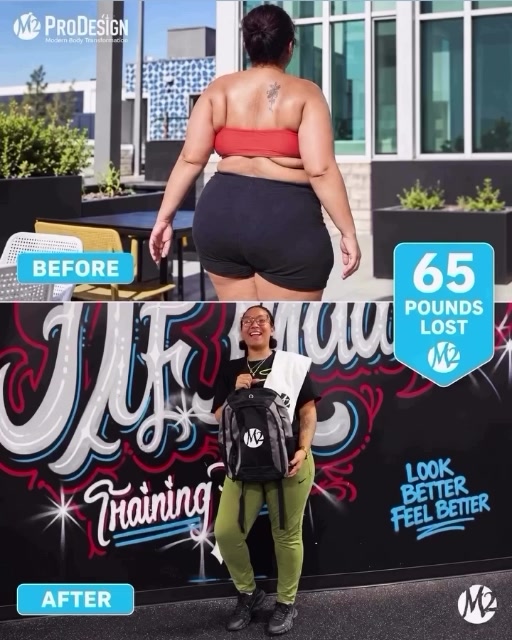 Client before-and-after comparison with a reported 65-pound loss; timeframe unspecified