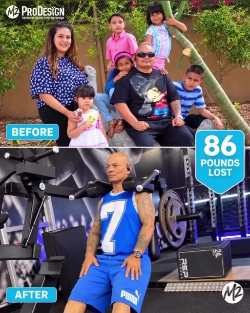 Client before-and-after comparison with a reported 86-pound loss; timeframe unspecified